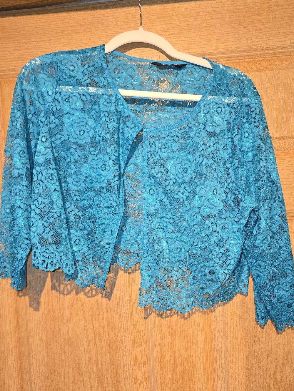 Allegra K Teal Blue Lace Cropped Cardigan
